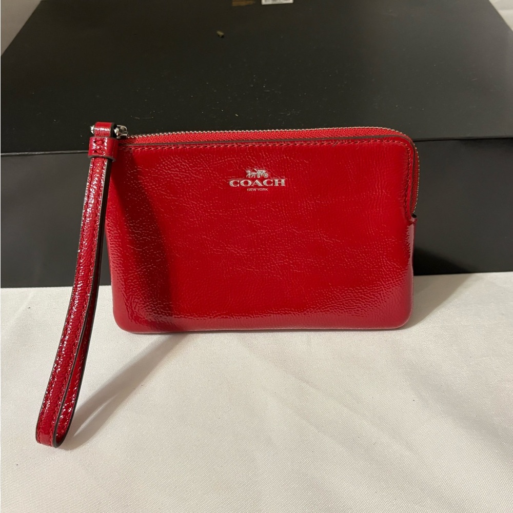 Coach Corner Zip Wristlet vibrant red patent leather silver hardware